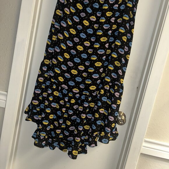 Anna Sui Black Multicolor Lip Print Ruffle Hem Retro Art Midi Skirt Size Large - Picture 5 of 8